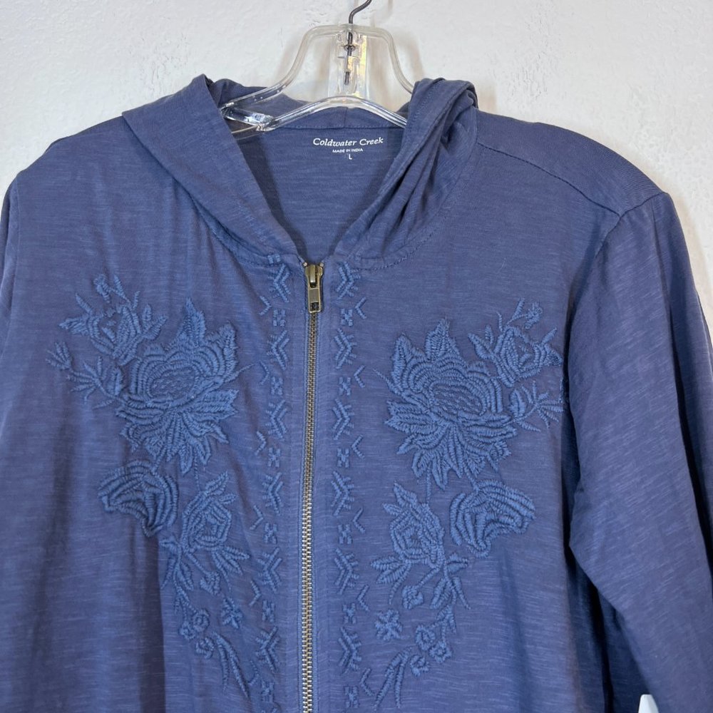 Coldwater Creek Blue Hoodie Hooded Embroidered Jacket Large Zip Pockets - Picture 3 of 10